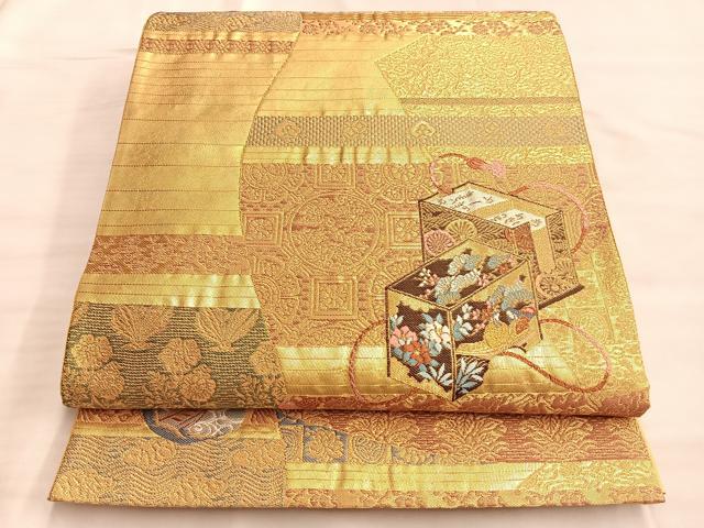 平和屋着物●六通柄袋帯 唐織 利休名物裂 金糸 引箔 正絹 逸品 BAAK1119du