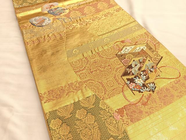 平和屋着物●六通柄袋帯 唐織 利休名物裂 金糸 引箔 正絹 逸品 BAAK1119du