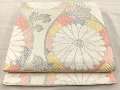 平和屋着物◎六通柄袋帯 唐織 立涌菊文 銀糸 正絹 逸品 BAAK5760if
