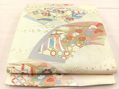 平和屋着物◎六通柄袋帯 唐織 地紙御所車花鳥文 金糸 正絹 逸品 BAAK5779if