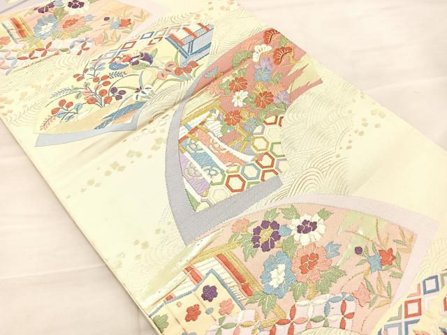 平和屋着物◎六通柄袋帯 唐織 地紙御所車花鳥文 金糸 正絹 逸品 BAAK5779if