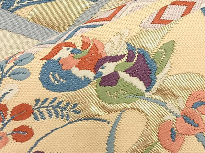 平和屋着物◎六通柄袋帯 唐織 地紙御所車花鳥文 金糸 正絹 逸品 BAAK5779if