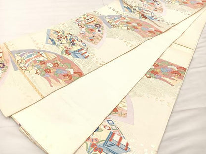 平和屋着物◎六通柄袋帯 唐織 地紙御所車花鳥文 金糸 正絹 逸品 BAAK5779if