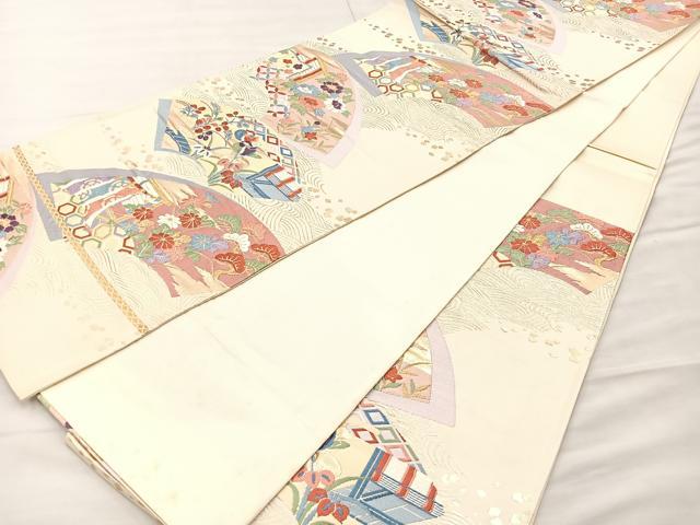 平和屋着物◎六通柄袋帯 唐織 地紙御所車花鳥文 金糸 正絹 逸品 BAAK5779if