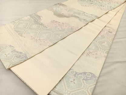 平和屋着物◎六通柄袋帯 唐織 道長蜀江花唐草文 銀糸 正絹 逸品 BAAK5788if