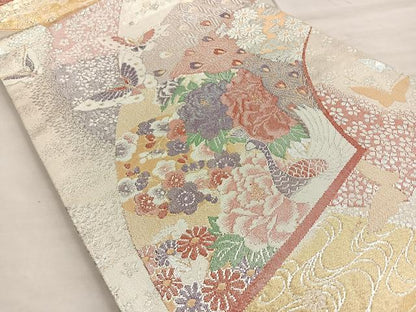 平和屋着物◎佐賀錦 六通柄袋帯 地紙重ね花鳥文 金銀糸 逸品 BAAK6766ea