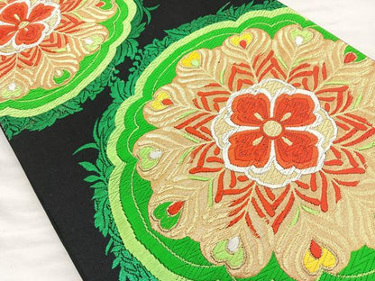 平和屋着物◎六通柄袋帯 唐織 花菱 黒地 金糸 正絹 逸品 BAAL0144cm