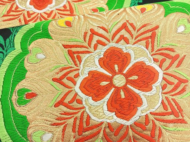 平和屋着物◎六通柄袋帯 唐織 花菱 黒地 金糸 正絹 逸品 BAAL0144cm