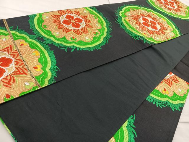 平和屋着物◎六通柄袋帯 唐織 花菱 黒地 金糸 正絹 逸品 BAAL0144cm