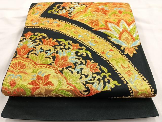 平和屋着物◎六通柄袋帯 宝相華 黒地 金糸 正絹 逸品 BAAL0150cm