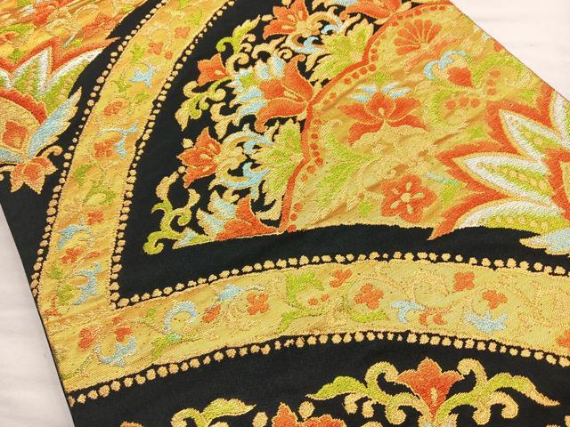 平和屋着物◎六通柄袋帯 宝相華 黒地 金糸 正絹 逸品 BAAL0150cm