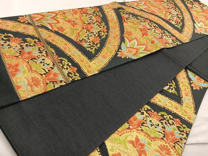 平和屋着物◎六通柄袋帯 宝相華 黒地 金糸 正絹 逸品 BAAL0150cm