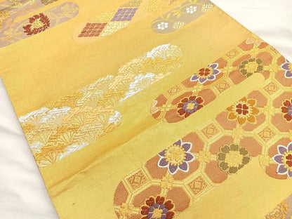 平和屋着物◎六通柄袋帯 唐織 三霞雲裂文 金銀糸 正絹 逸品 BAAL0153cm