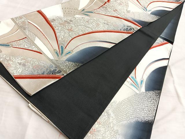 平和屋着物◎六通柄袋帯 更紗花文 銀糸 正絹 逸品 BAAL0413du