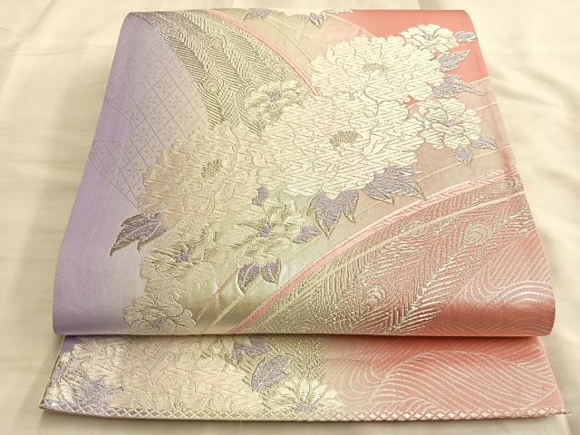平和屋着物◎六通柄袋帯 唐織 孔雀羽花文 銀糸 正絹 逸品 BAAL0419du