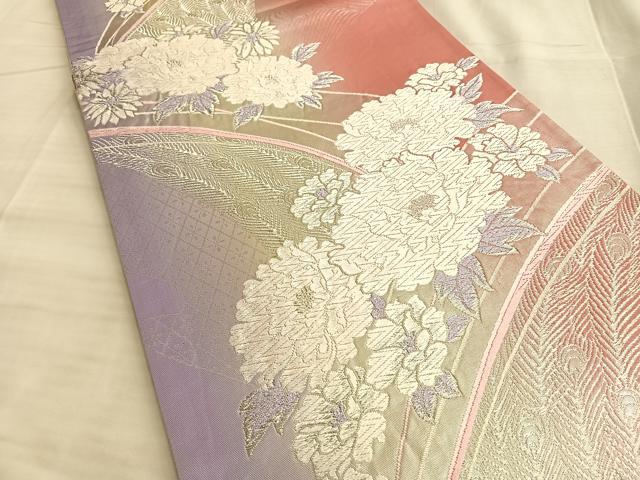 平和屋着物◎六通柄袋帯 唐織 孔雀羽花文 銀糸 正絹 逸品 BAAL0419du