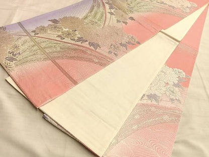 平和屋着物◎六通柄袋帯 唐織 孔雀羽花文 銀糸 正絹 逸品 BAAL0419du
