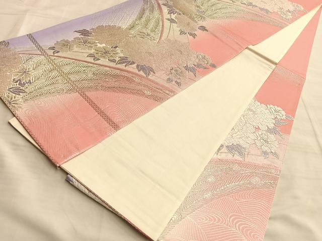 平和屋着物◎六通柄袋帯 唐織 孔雀羽花文 銀糸 正絹 逸品 BAAL0419du