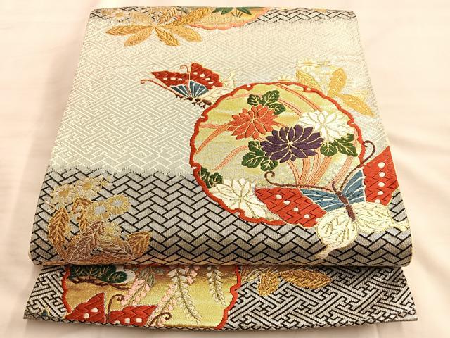 平和屋着物◎六通柄袋帯 唐織 銀彩つづれ織 雪輪舞蝶草花文 金銀糸 正絹 逸品 BAAL0521du