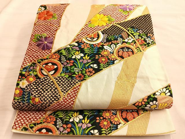 平和屋着物◎六通柄袋帯 竹取秋草文 金糸 正絹 逸品 BAAL0522du