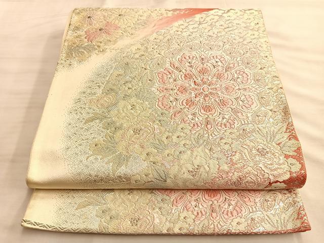 平和屋着物◎六通柄袋帯 唐織 正倉院花文 銀糸 正絹 逸品 BAAL0532du