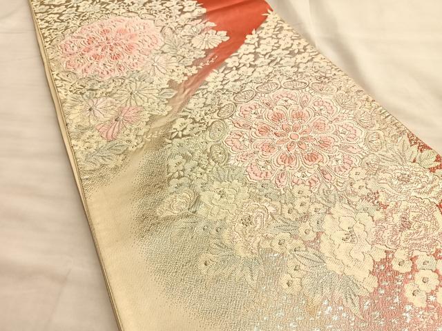 平和屋着物◎六通柄袋帯 唐織 正倉院花文 銀糸 正絹 逸品 BAAL0532du