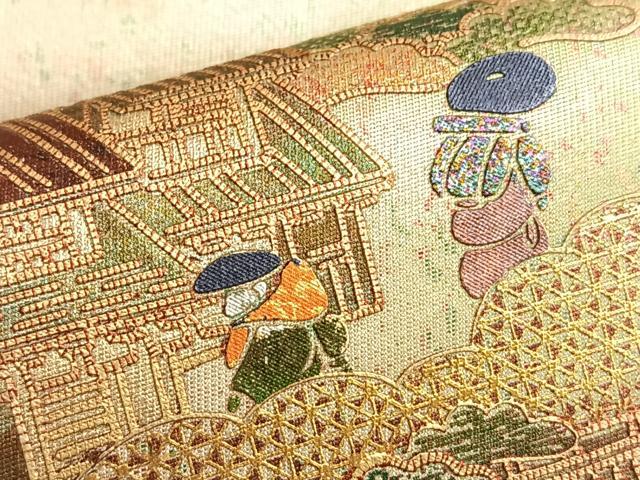 平和屋着物●太鼓柄袋帯 手描き 嵐峡 金彩 引箔 正絹 逸品 BAAL0595du