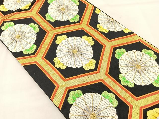 平和屋着物◎六通柄袋帯 唐織 亀甲菊文 黒地 金銀糸 正絹 逸品 BAAL1262if