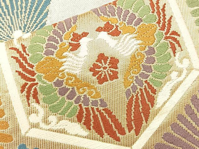 平和屋着物◎六通柄袋帯 唐織 向い鳳凰亀甲文様 金糸 正絹 逸品 BAAL1263if