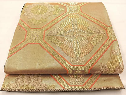 平和屋着物◎六通柄袋帯 蜀江向い鶴菊文 黒地 金糸 正絹 逸品 BAAL1279if