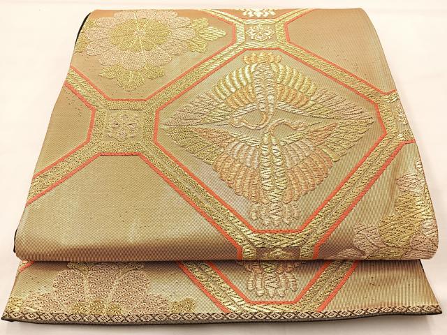 平和屋着物◎六通柄袋帯 蜀江向い鶴菊文 黒地 金糸 正絹 逸品 BAAL1279if