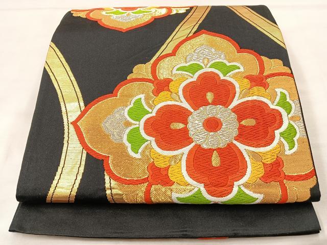 平和屋着物◎六通柄袋帯 唐織 立涌花菱文 黒地 金銀糸 正絹 逸品 BAAL1286if