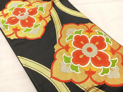 平和屋着物◎六通柄袋帯 唐織 立涌花菱文 黒地 金銀糸 正絹 逸品 BAAL1286if