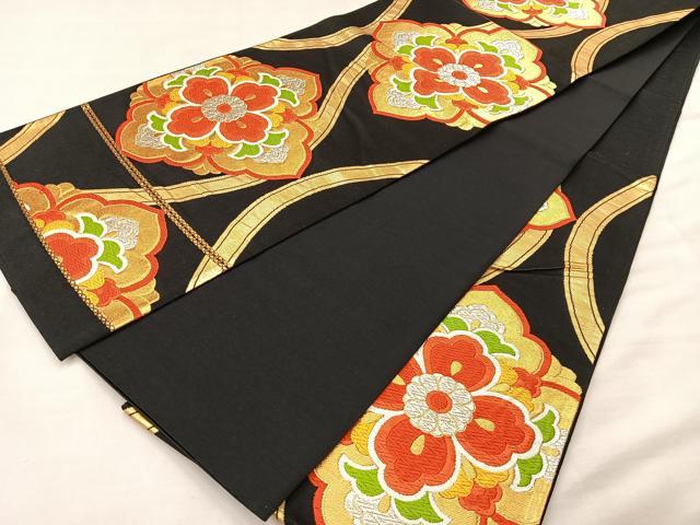 平和屋着物◎六通柄袋帯 唐織 立涌花菱文 黒地 金銀糸 正絹 逸品 BAAL1286if