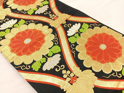 平和屋着物◎六通柄袋帯 唐織 立涌菊唐草文 黒地 金銀糸 正絹 逸品 BAAL1294if