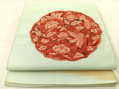 平和屋着物◎太鼓柄袋帯 花鳥絵皿 銀糸 正絹 逸品 BAAL1297if