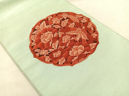 平和屋着物◎太鼓柄袋帯 花鳥絵皿 銀糸 正絹 逸品 BAAL1297if