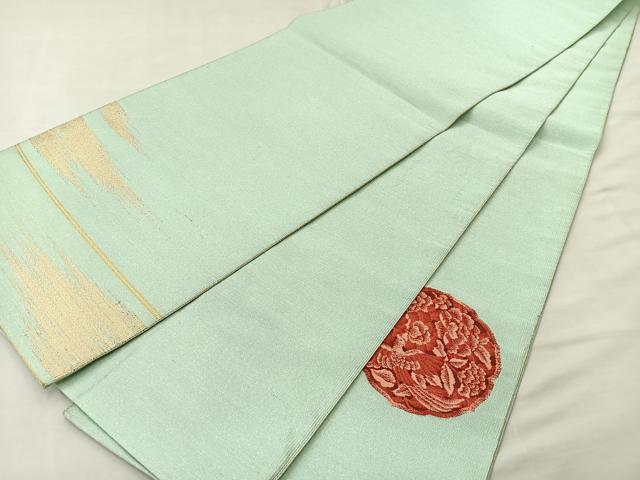 平和屋着物◎太鼓柄袋帯 花鳥絵皿 銀糸 正絹 逸品 BAAL1297if