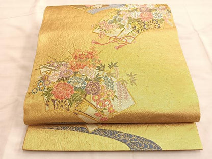 平和屋着物■六通柄袋帯　唐織　流水地紙花車文　金糸　正絹　逸品　BAAL2772du