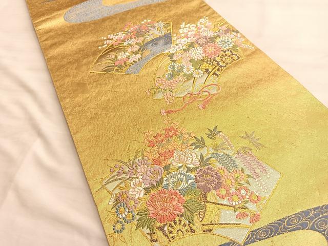 平和屋着物■六通柄袋帯　唐織　流水地紙花車文　金糸　正絹　逸品　BAAL2772du