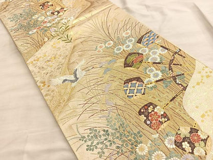 平和屋着物●六通柄袋帯 唐織 秋草水車 黒地 金糸 正絹 逸品 BAAL2823du