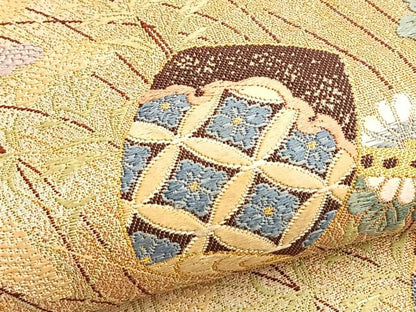 平和屋着物●六通柄袋帯 唐織 秋草水車 黒地 金糸 正絹 逸品 BAAL2823du