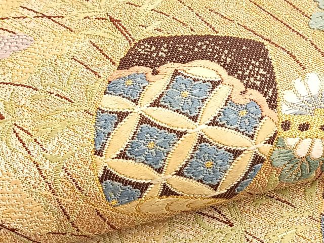 平和屋着物●六通柄袋帯 唐織 秋草水車 黒地 金糸 正絹 逸品 BAAL2823du