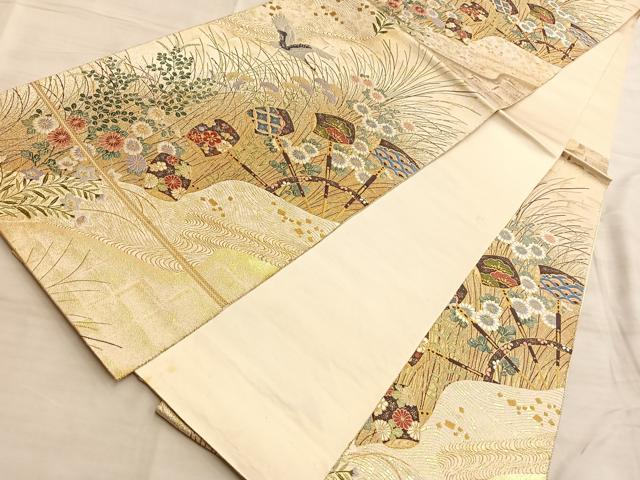 平和屋着物●六通柄袋帯 唐織 秋草水車 黒地 金糸 正絹 逸品 BAAL2823du