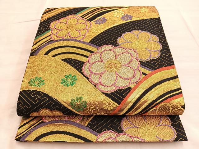 小物などお買い得な福袋 平和屋着物○六通柄袋帯 唐織 逸品 正絹 金糸 黒地 立波花文 着物・浴衣