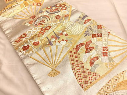 平和屋着物●佐賀錦 六通柄袋帯 唐織 扇面小紋 金銀糸 正絹 逸品 BAAL2866du