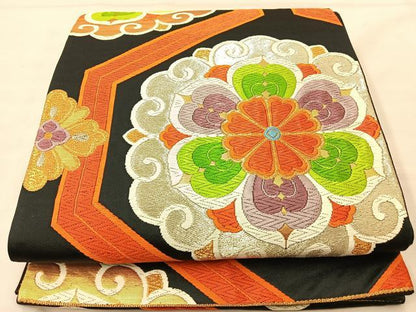 平和屋着物◎六通柄袋帯 唐織 亀甲花唐草文 黒地 金銀糸 正絹 逸品 BAAL3105if
