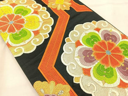 平和屋着物◎六通柄袋帯 唐織 亀甲花唐草文 黒地 金銀糸 正絹 逸品 BAAL3105if