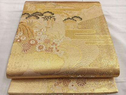 平和屋着物●佐賀錦 六通柄袋帯 唐織 雲取り流水花松文 金糸 正絹 逸品 BAAL6011ea