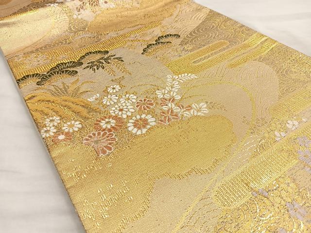 平和屋着物●佐賀錦 六通柄袋帯 唐織 雲取り流水花松文 金糸 正絹 逸品 BAAL6011ea